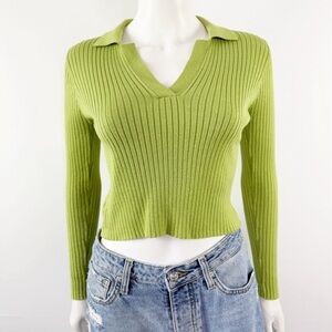 Cider Lime Green Ribbed Collared Sweater Top Size S Long Sleeve Casual Preppy